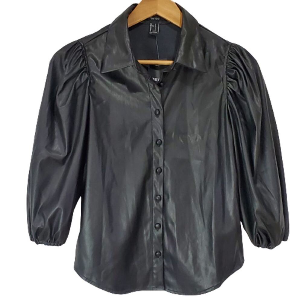Forever 21 Vegan Leather Woven Blouse Long Sleeve Button Front Small NEW